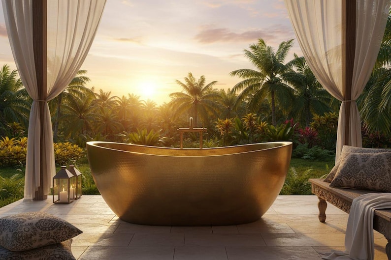 A luxurious outdoor bathroom features a large freestanding gold bathtub on a tiled terrace, framed by sheer white curtains. A lush tropical garden filled with palm trees stretches beyond the tub, illuminated by a warm golden sunset. A cushioned bench and decorative lanterns complete the serene setting.